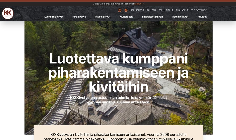 Kuvakaappaus KK-Kivetys Oy:n verkkosivuilta