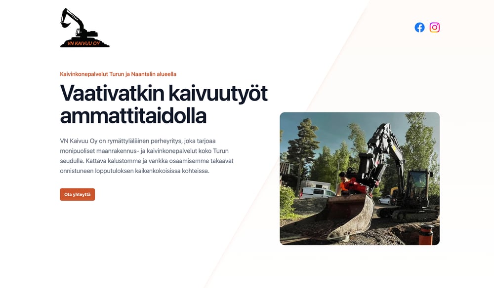 Kuvakaappaus VN Kaivuu Oy:n verkkosivuilta